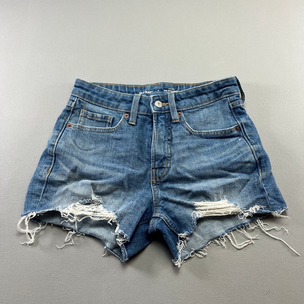Old Navy OG Straight Shorts Womens 0 Blue Denim Cotton High Rise Frayed Hem
